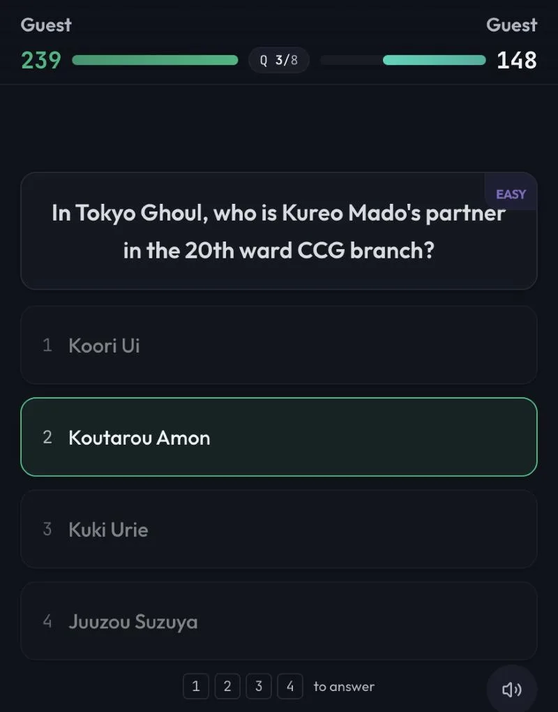 A QuiJutsu match screen: two guest players' scores at the top, question 3 of 8 asking who Kureo Mado's partner is in Tokyo Ghoul, and four options with Koutarou Amon marked correct.